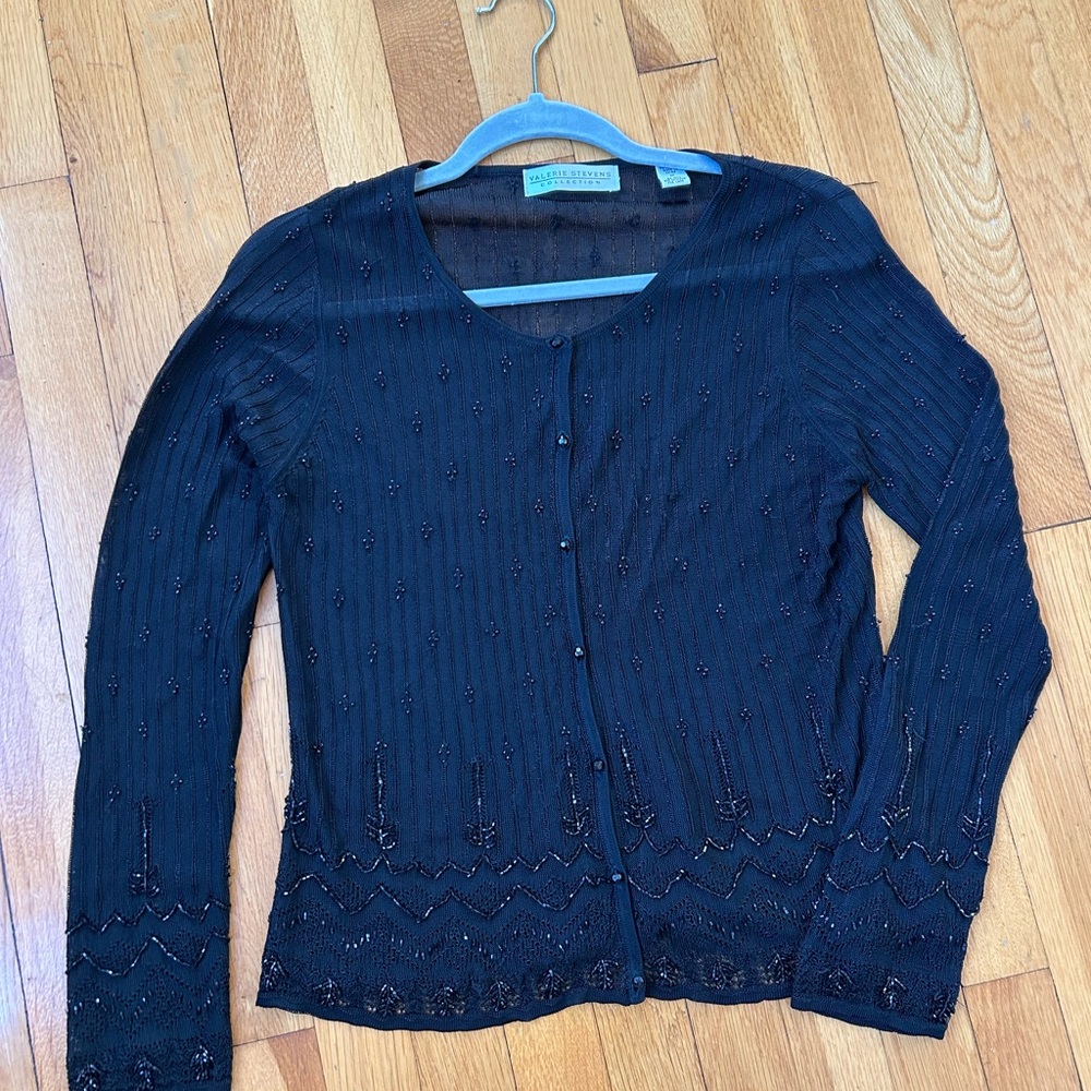 Vintage sheer black beaded cardigan by Valerie Stevens